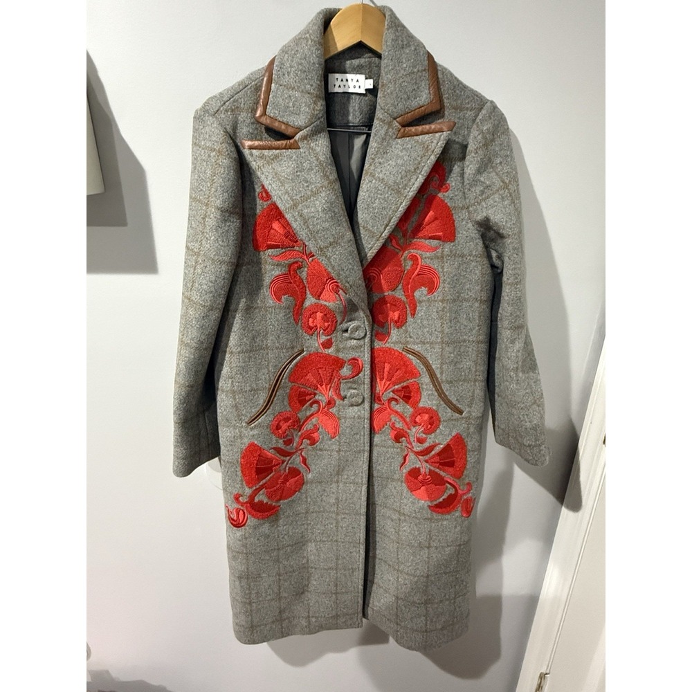 Tanya Taylor Embroidered Plaid Trench Coat Gray & Red Beaded Sz L